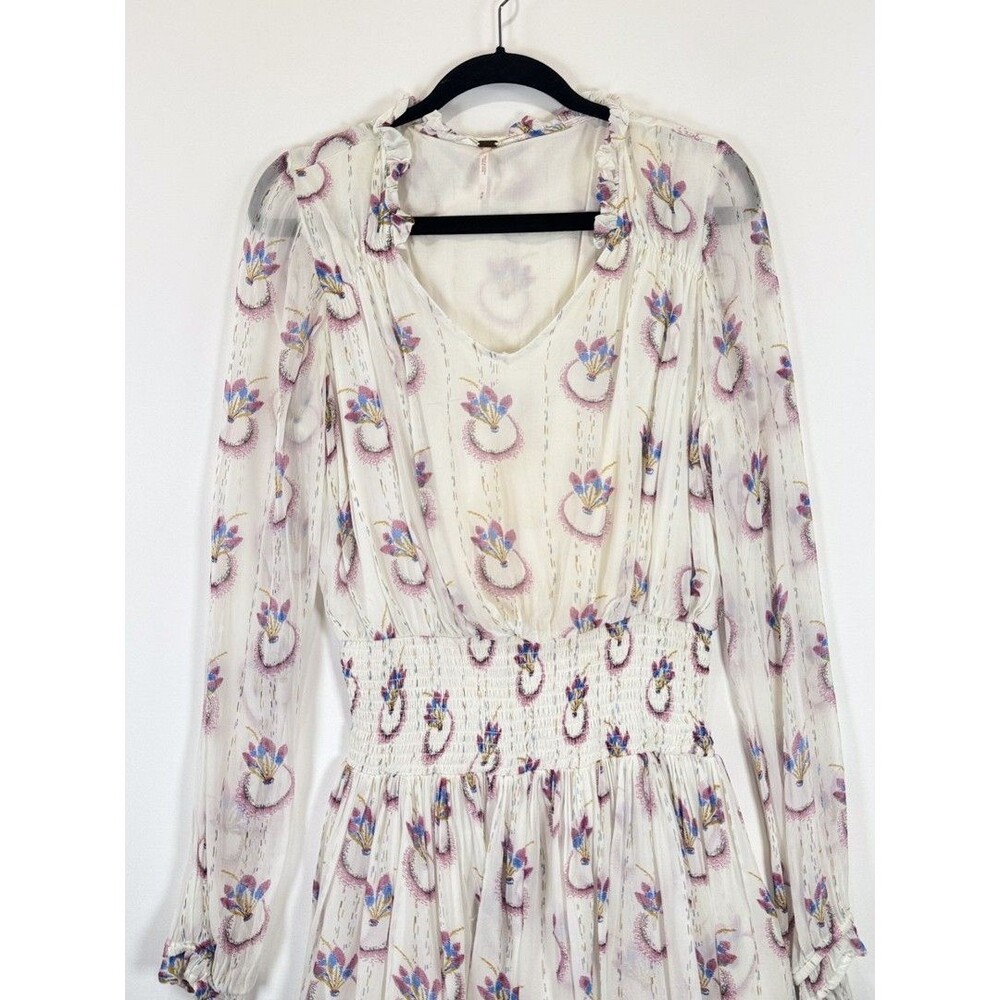 Free People Mini Dress Beige Wild Horses Dreamcatcher V Neck Smocked Medium - Picture 7 of 12
